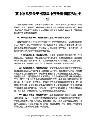 某中学党委关于巡察集中整改进展情况的报告