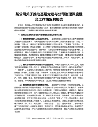 某公司关于推动基层党建与公司治理深度融合工作情况的报告