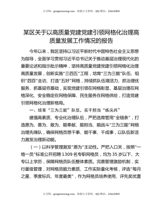 某区关于以高质量党建党建引领网格化治理高质量发展工作情况的报告