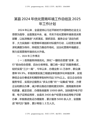 某县2024年优化营商环境工作总结及2025年工作计划