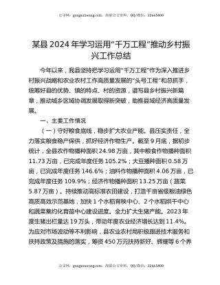 某县2024年学习运用“千万工程”推动乡村振兴工作总结