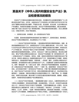某县关于《中华人民共和国安全生产法》执法检查情况的报告