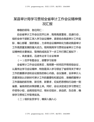 某县审计局学习贯彻全省审计工作会议精神情况汇报