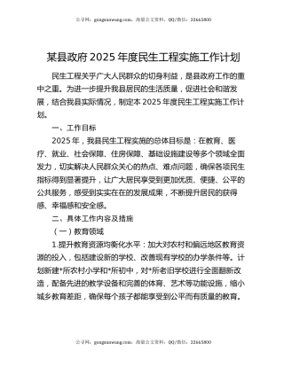 某县政府2025年度民生工程实施工作计划