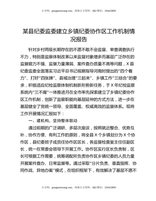 某县纪委监委建立乡镇纪委协作区工作机制情况报告