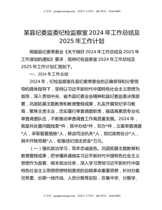 某县纪委监委纪检监察室2024年工作总结及2025年工作计划