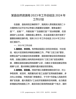 某县自然资源局2023年工作总结及2024年工作计划