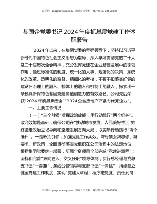 某国企党委书记2024年度抓基层党建工作述职报告