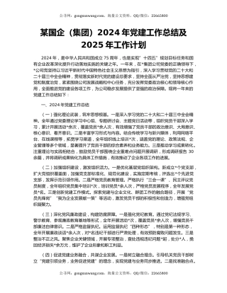 某国企（集团）2024年党建工作总结及2025年工作计划
