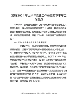某局2024年上半年党建工作总结及下半年工作重点