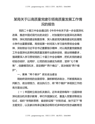 某局关于以高质量党建引领高质量发展工作情况的报告