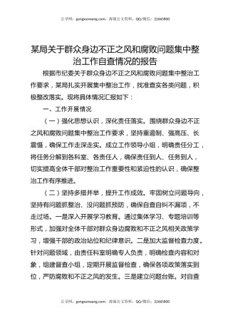 某局关于群众身边不正之风和腐败问题集中整治工作自查情况的报告