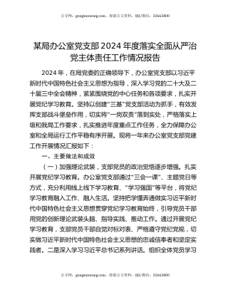 某局办公室党支部2024年度落实全面从严治党主体责任工作情况报告