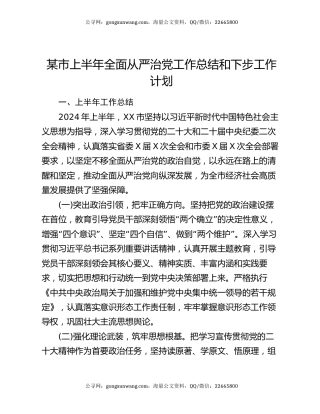 某市上半年全面从严治党工作总结和下步工作计划