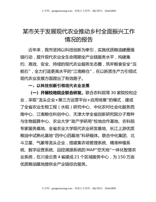 某市关于发展现代农业推动乡村全面振兴工作情况的报告