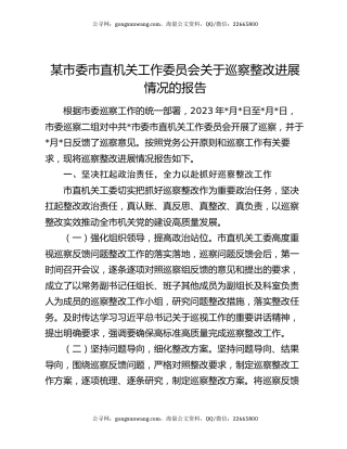 某市委市直机关工作委员会关于巡察整改进展情况的报告