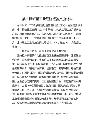 某市抓新型工业经济经验交流材料