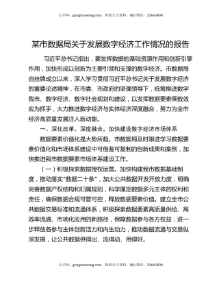 某市数据局关于发展数字经济工作情况的报告