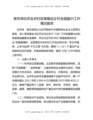 某市深化农业农村改革推动乡村全面振兴工作情况报告