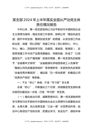 某支部2024年上半年落实全面从严治党主体责任情况报告