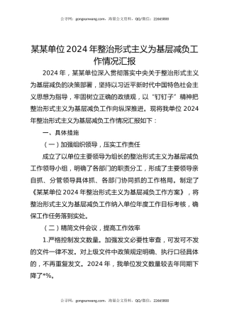 某某单位2024 年整治形式主义为基层减负工作情况汇报