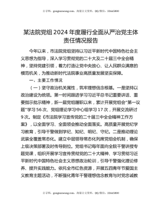 某法院党组2024年度履行全面从严治党主体责任情况报告