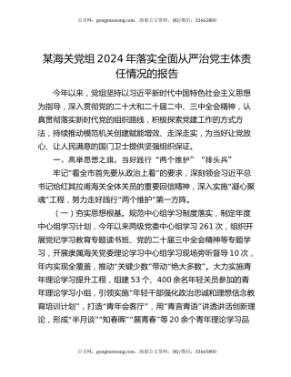 某海关党组2024年落实全面从严治党主体责任情况的报告