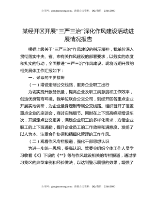 某经开区开展“三严三治”深化作风建设活动进展情况报告