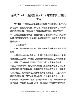 某镇2024年落实全面从严治党主体责任情况报告