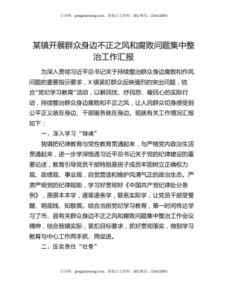 某镇开展群众身边不正之风和腐败问题集中整治工作汇报