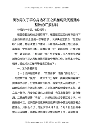 民政局关于群众身边不正之风和腐败问题集中整治的汇报材料