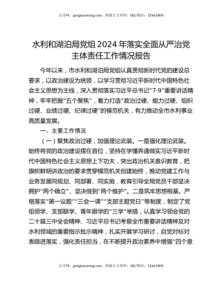 水利和湖泊局党组2024年落实全面从严治党主体责任工作情况报告