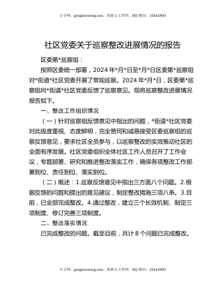 社区党委关于巡察整改进展情况的报告
