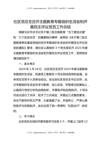 社区党总支召开主题教育专题组织生活会和开展民主评议党员工作总结