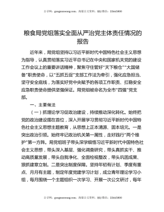 粮食局党组落实全面从严治党主体责任情况的报告