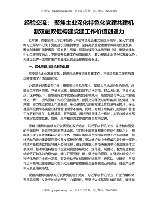 经验交流： 聚焦主业深化特色化党建共建机制双融双促构建党建工作价值创造力