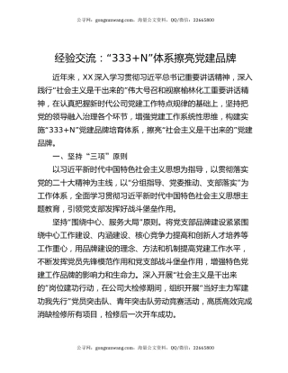 经验交流：“333+N”体系擦亮党建品牌