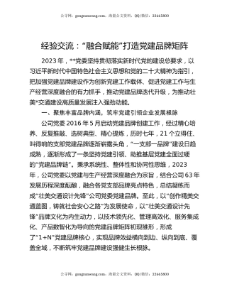 经验交流：“融合赋能”打造党建品牌矩阵