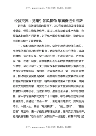 经验交流：党建引领风帆劲 擎旗奋进业绩新