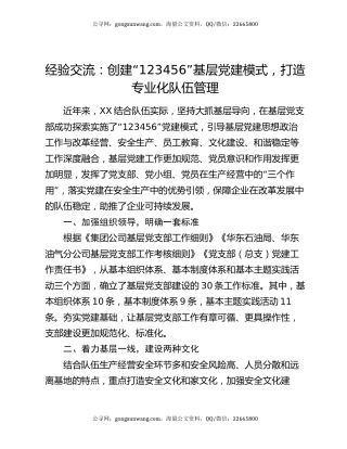 经验交流：创建“123456”基层党建模式，打造专业化队伍管理