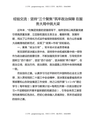 经验交流：坚持“三个聚焦” 筑牢政治保障 在服务大局中挑大梁