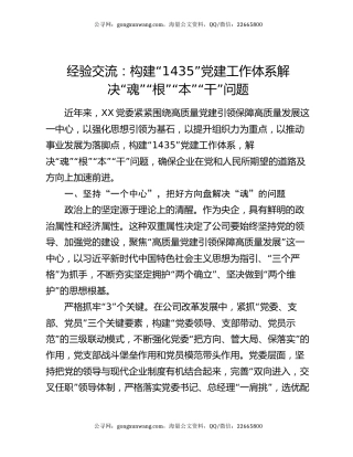 经验交流：构建“1435”党建工作体系 解决“魂”“根”“本”“干”问题