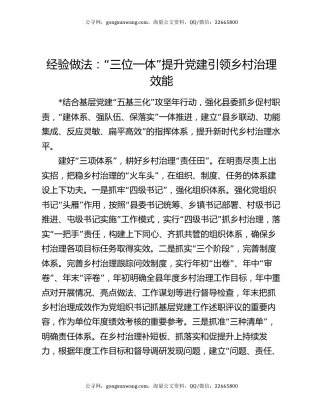 经验做法：“三位一体”提升党建引领乡村治理效能