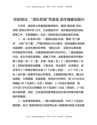经验做法：“排队抓尾”筑堡垒 固本强基促振兴