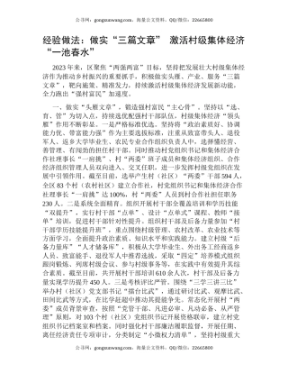 经验做法：做实“三篇文章” 激活村级集体经济“一池春水”