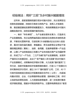 经验做法：用好“三招”为乡村振兴赋能增效