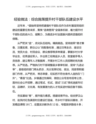 经验做法：综合施策提升村干部队伍建设水平