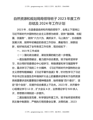 自然资源和规划局局领导班子2023年度工作总结及2024年工作计划