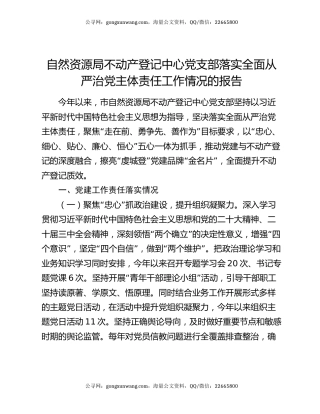 自然资源局不动产登记中心党支部落实全面从严治党主体责任工作情况的报告