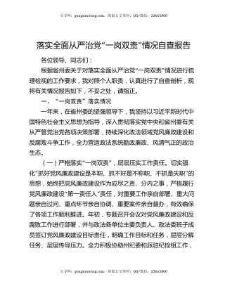 落实全面从严治党“一岗双责”情况自查报告